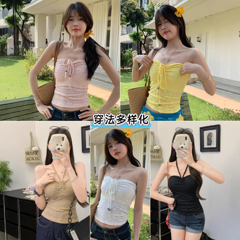 Spring and Summer Popular Dopamine Pure Desire Hot Girl Yellow Tube Top Strap Halter Top Seaside Vacation Style Photo Wrap