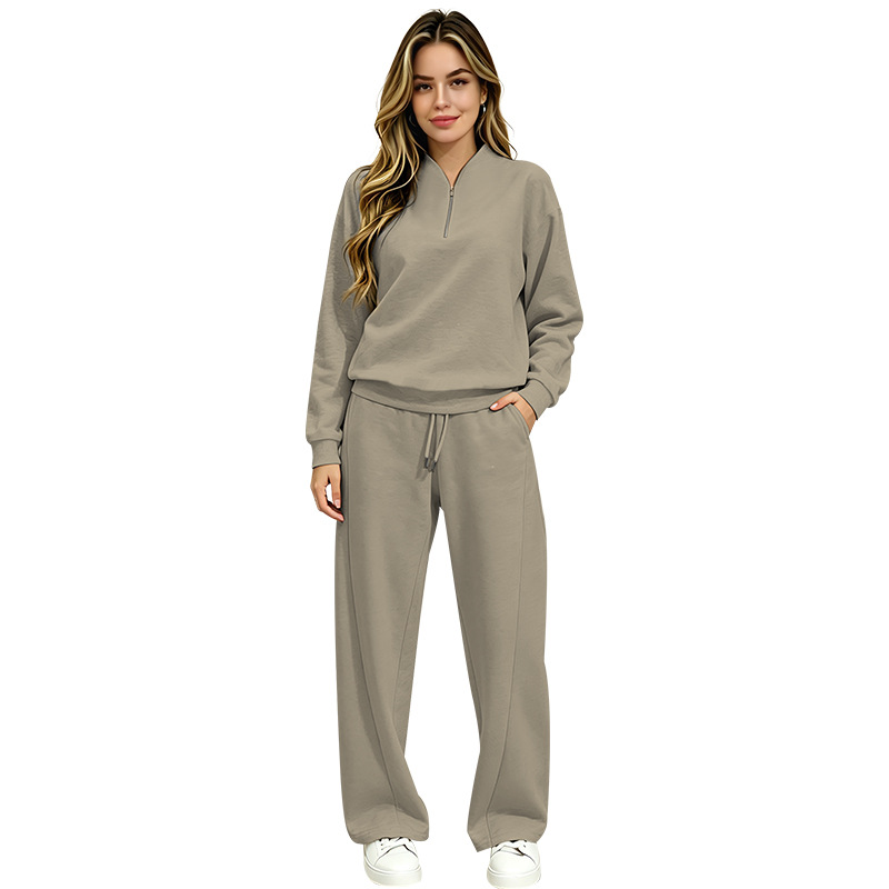 Women's Clothing Women's Fashionable Long Sleeved Sweatshirt Casual Trousers Set Style Autumn Half Open Collar Solid Color Loose Fit_ecoleips.com