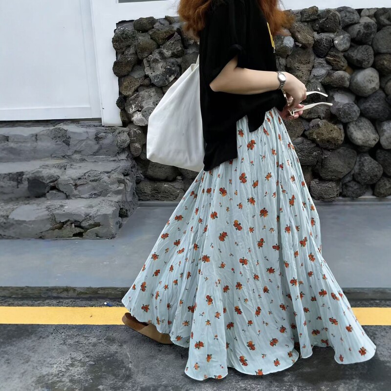 Floral Skirt for Women, New Summer Style, High-Waisted, Long Skirt, Slimming, Pleated A-Line Skirt, Korean Style, Gentle Style Floral Skirt for Women, New Summer Style, High-Waisted, Long Skirt, Slimming, Pleated A-Line Skirt, Korean Style, Gentle Style