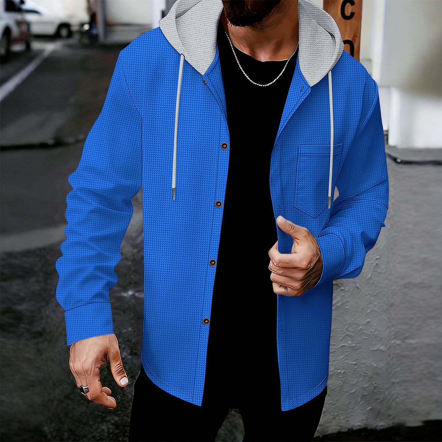 Heren wafelgebreide hoodie met zakken en knopen voor casual look_voghion.com