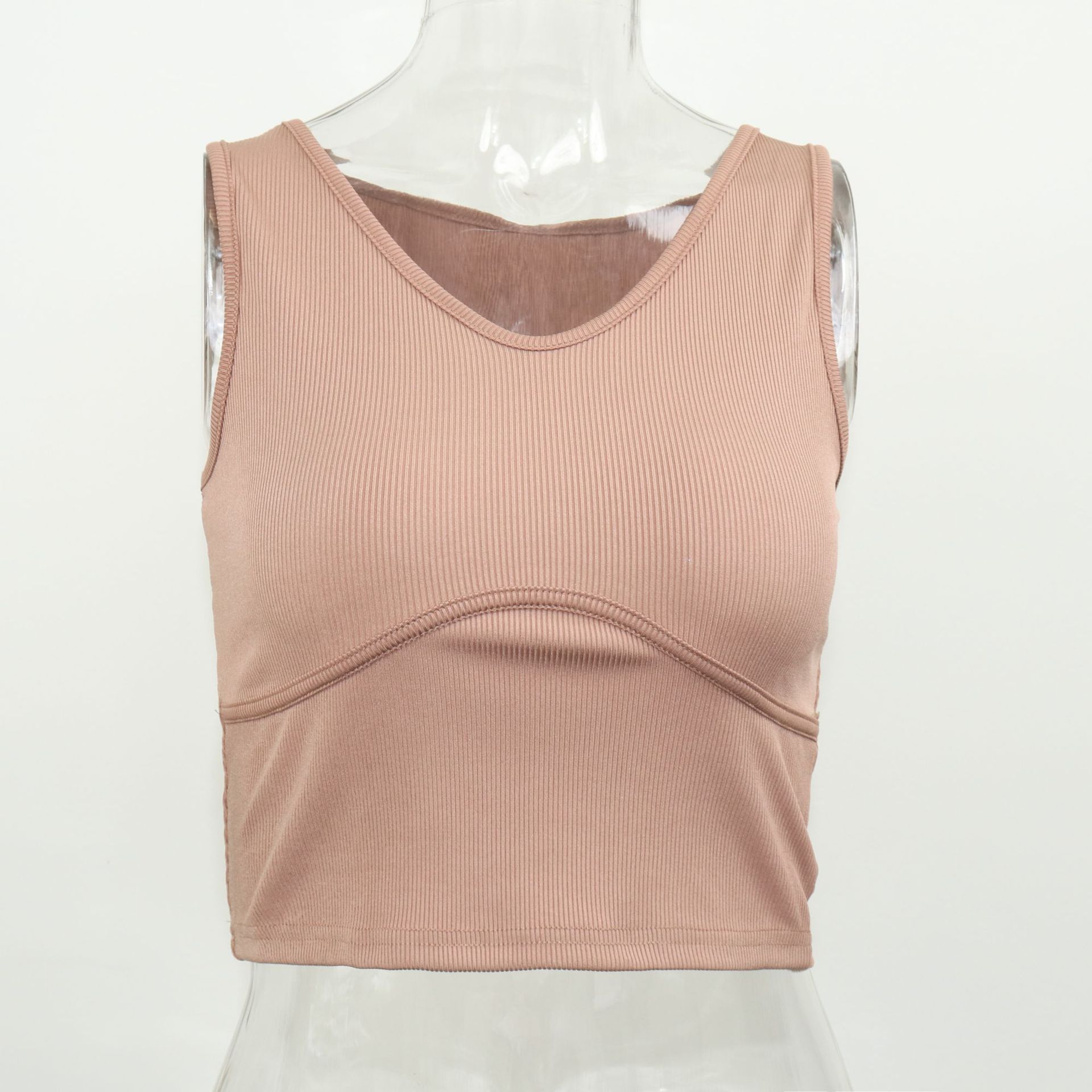 Dames mouwloos ribvest, kort T-shirtblouse, damesbuistop, strak vest met V-hals_voghion.com