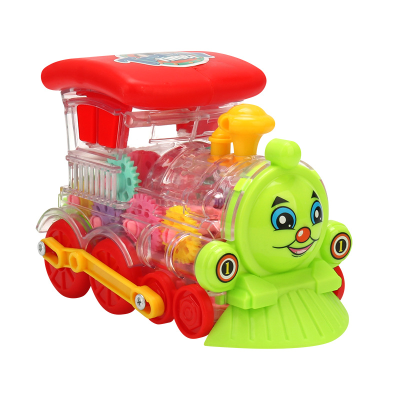 Transfronterizos niños tren de engranajes eléctricos juguetes de música iluminación universal caminando tren eléctrico pequeño puesto mayorista