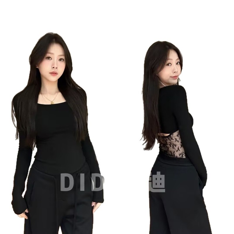 大码胖mm美式辣妹后背镂空蕾丝拼接长袖T恤女秋季修身显瘦上衣|undefined