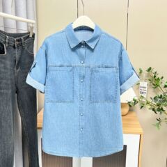 200斤の太った妹の夏の韓国版のファッションの新型の両用の袖のデニムのシャツの大きいサイズの女性の半袖の上着の7149