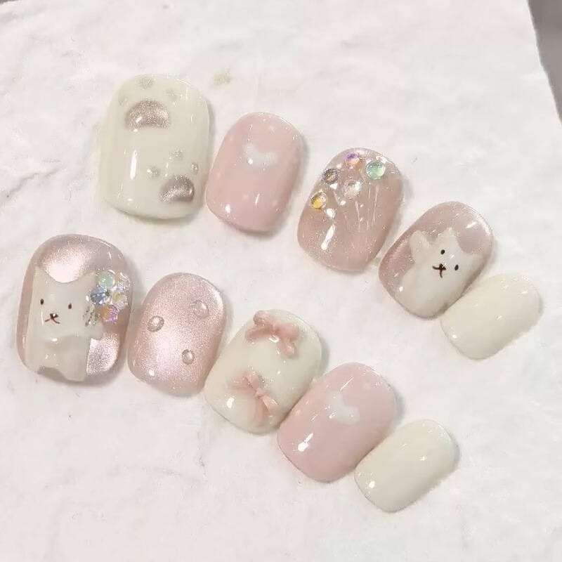Pink and Soft Girly Cat Bow Wearable Nails Cat Eye Cute Short Nail Art Stickers Brightening Date Ins