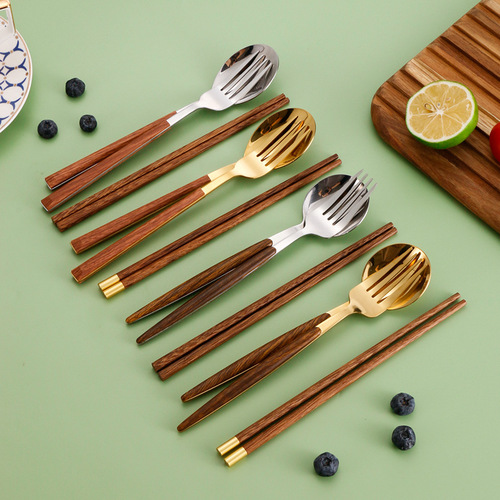 Stainless steel portable tableware Portuguese set fork spoon chopsticks three-piece gift box gift student tableware