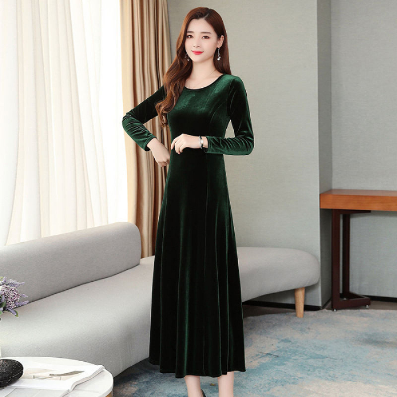 High-grade gold velvet foreign-style dress spring autumn winter long skirt mother base cheongsam belly-covering temperament thickened over the knee