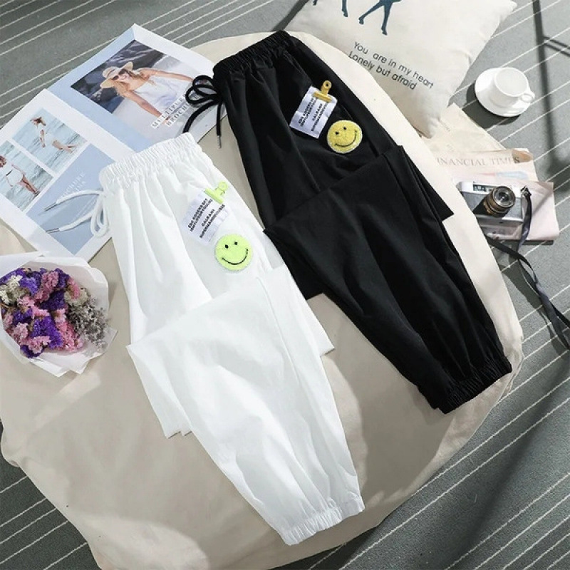 Ice Silk Quick-drying Sports Pants Women's Summer Thin Smiley Face Loose Slimming Ankle-length Pants Anti-mosquito Ankle-length Pants Casual Pants