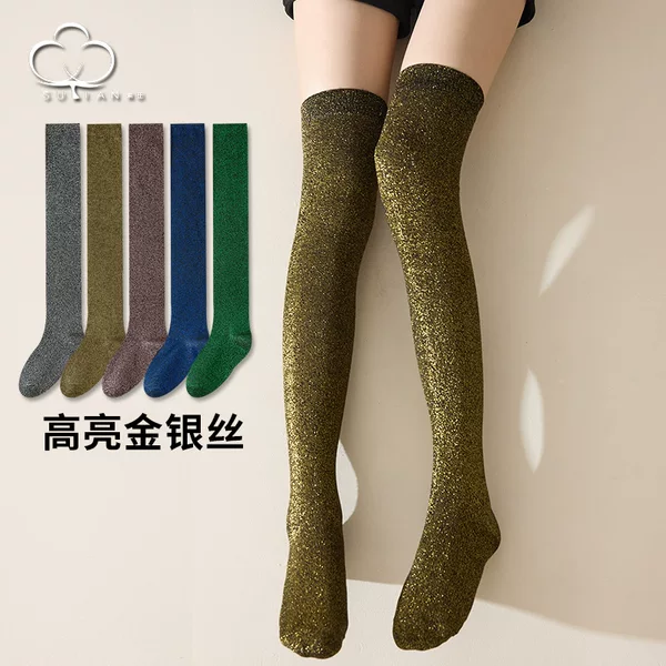Over-the-knee socks children's all-match stockings ins trendy niche stockings gold and silver stockings girls bright silk thigh socks