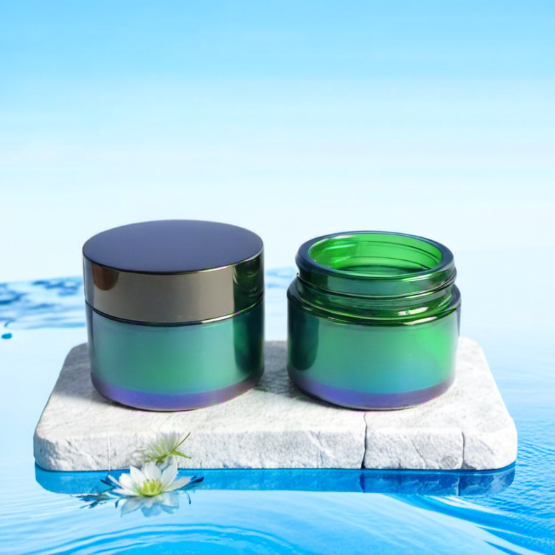 厂家供应50g绿色玻璃膏霜瓶配套塑料盖 眼霜瓶 化妆品玻璃瓶