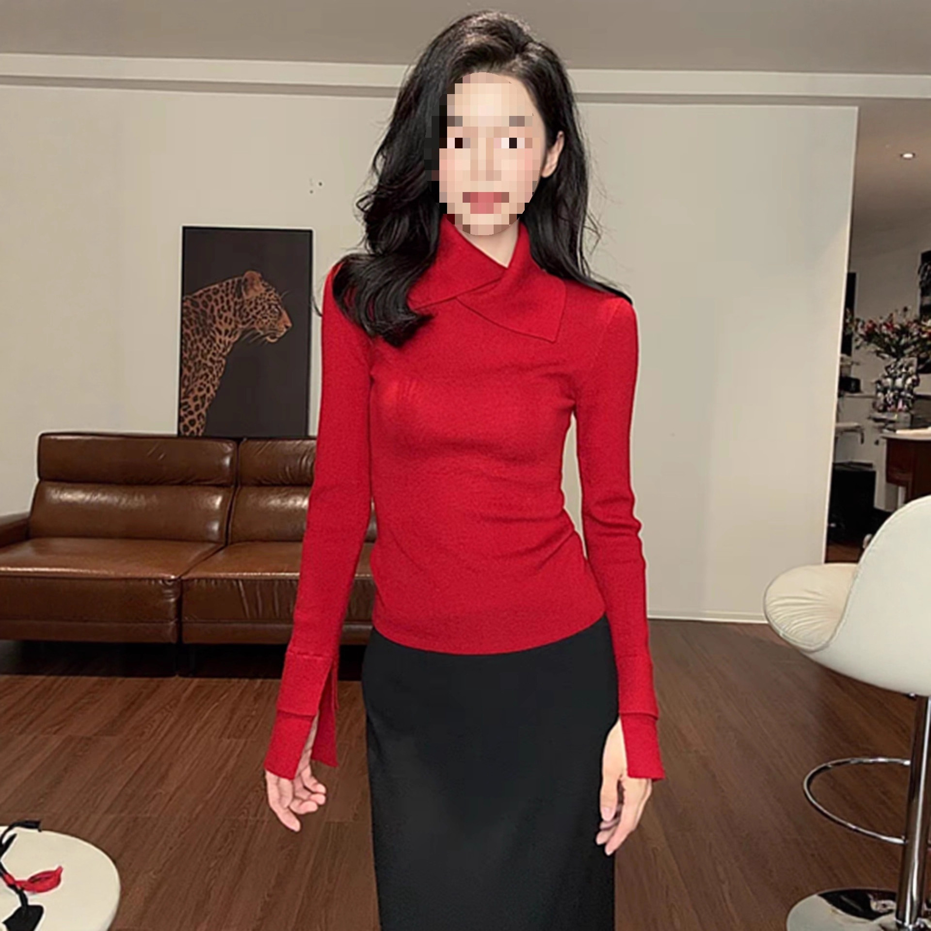 Stylish Double-Layer Sleeve Half-High Collar Knit Sweater for Women, Autumn and Winter, Elegant Slim-Fit Long-Sleeve Base Shirt Top Trendy