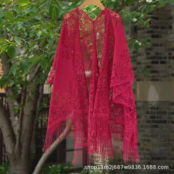 Cross-Border Hot-Selling European and American Fashion Lace Cover-Up Beach Vacation Sun Protection Cape Bikini Cardigan Transparent Shawl