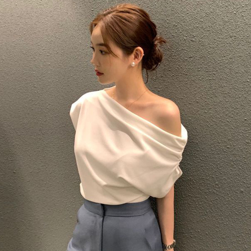韩国chic2025夏季法式不规则斜肩设计感宽松纯色套头短袖T恤女潮|undefined