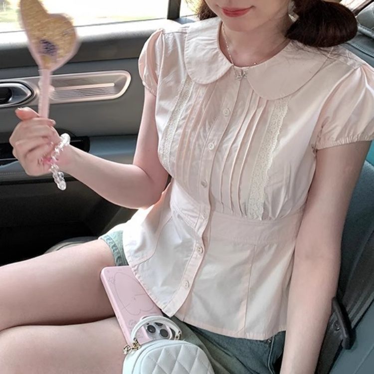 韩系温柔风粉色娃娃领收腰短袖衬衫女夏季设计感减龄蕾丝花边衬衣|undefined