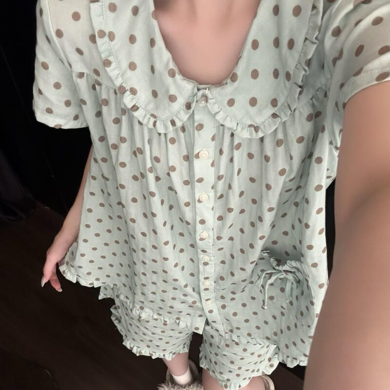 Doll Collar Lace Mint Green Polka Dot Pajamas for Women Summer Short-Sleeved Shorts Cardigan Set Girl's Home Wear