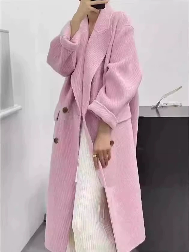 Пальто из фуксийного бархата Alpaca RIXIN — двусторонняя кашемировая шерсть, свободный силуэт
