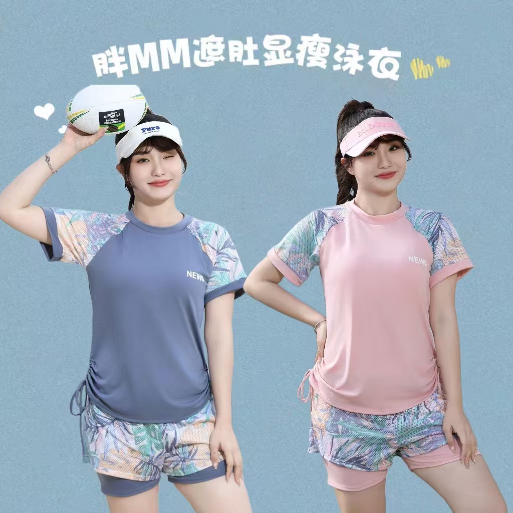 2025 New Sports Swimwear Women's Split Boxer plus size chubby girl Conservative Slim Belly Covering Hot Spring Swimsuit