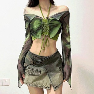 Summer New Hot Girl Outfit Pleated Halterneck Camisole Short Tie-Dye Tulle Off-Shoulder Long-Sleeved Shirt Two Sets
