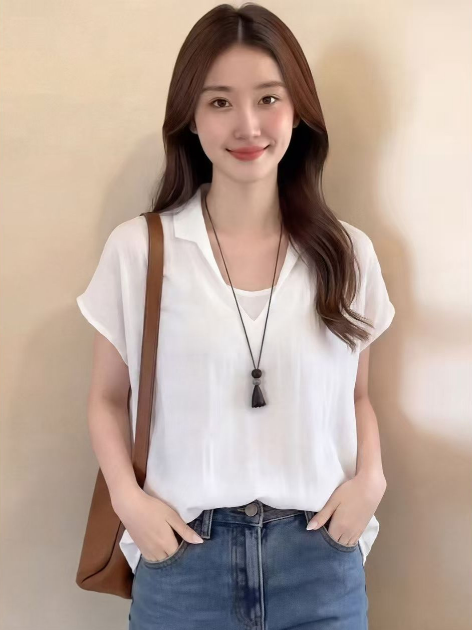 Áo sơ mi nữ cổ chữ V tay ngắn phối hai lớp màu xanh nhạt — màu xanh nhạt
