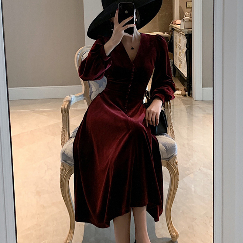 Temperament Hepburn French Christmas New Year Red Velvet Dress Children Winter
