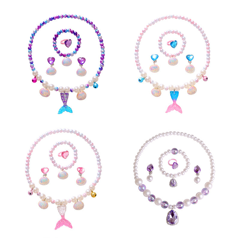 2021 Children's Necklace Mermaid Tail Girls Pearl Necklace Bracelet Ring Earrings Set Girls Baby Accessories