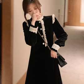 法式黑色丝绒小黑裙2023春季新品新款蕾丝打底中长款气质修身裙子