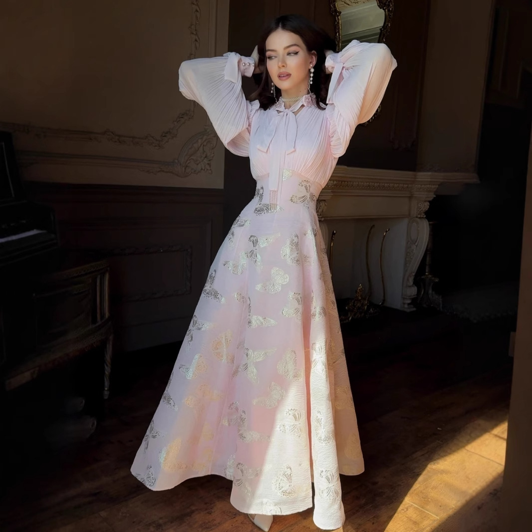 European American 2025 Spring Elegant And Noble Long-Sleeved Dynamic Romantic Style Gold-Embossed Long Dress For_ecoleips.com