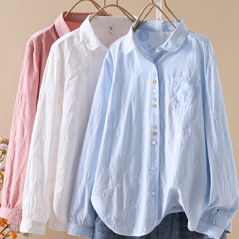 Gentle and Artistic Trendy Lace Embossed Plum Blossom Embroidered Colorful Button Pure Cotton Right Shoulder White Shirt Women's Long-Sleeved Bottoming Shirt for Work Clothing