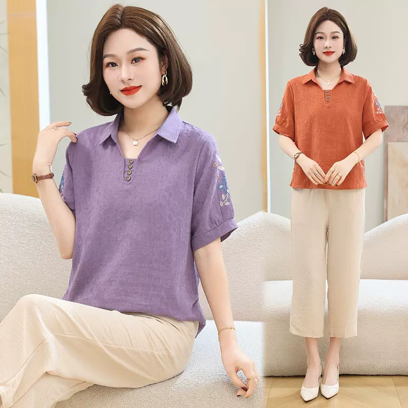 妈妈衬衫领上衣夏季短袖刺绣棉麻T恤中老年宽松休闲衣服女款套装