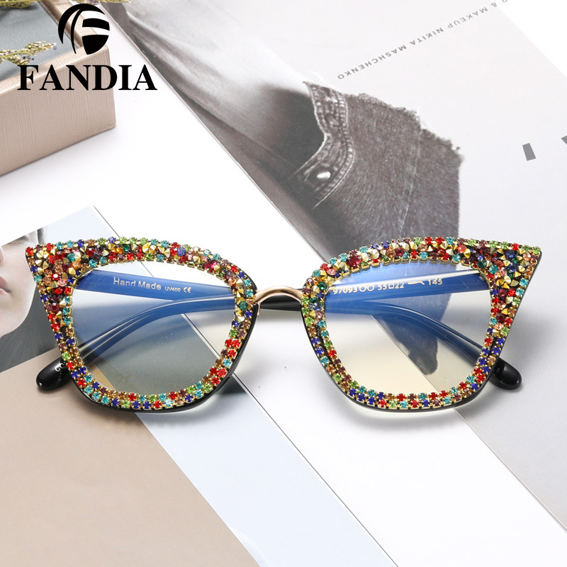 A97093 nueva moda ojo de gato anti-azul gafas de luz gafas ópticas de marco completo de moda punto diamante gafas lisas para mujeres