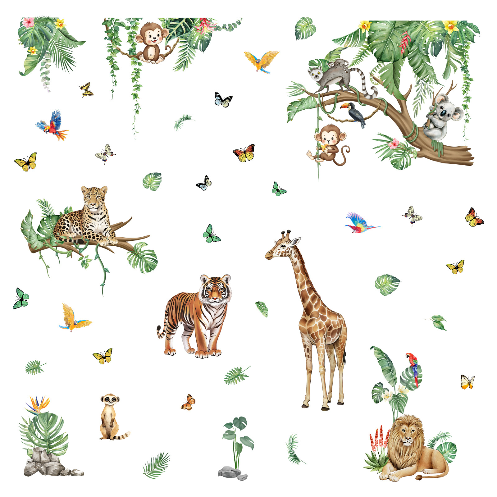 Cartoon Tree Branch Wall Sticker With Animals Birds And Butterflies_voghion.com