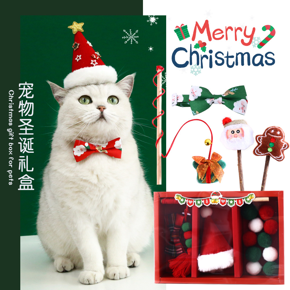 Mascota gato Santa Claus árbol sombrero pajarita collar divertido gato palo felpa molar sonido interactivo conjunto de juguetes caja