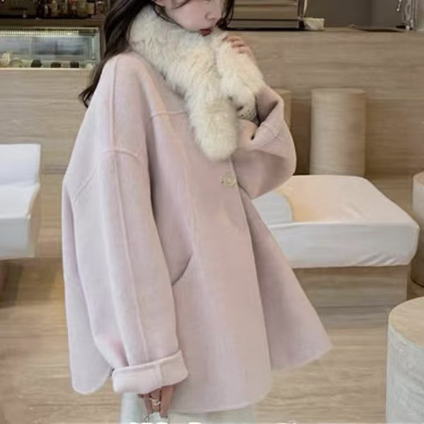 萌萌Ja 朗姆蜜桃 粉色圆领外套俏皮减龄双面呢羊毛大衣