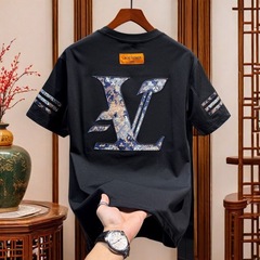 ヨーロッパ駅男性高級刺繍丸首半袖tシャツ男性2025新型ファッションアメリカ半袖