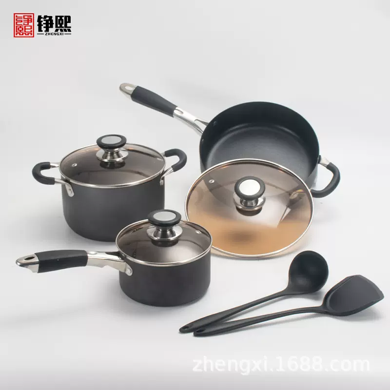 跨境供应8pcs麦饭石不粘锅套装外贸出口煎锅奶锅汤锅炊具锅具套装