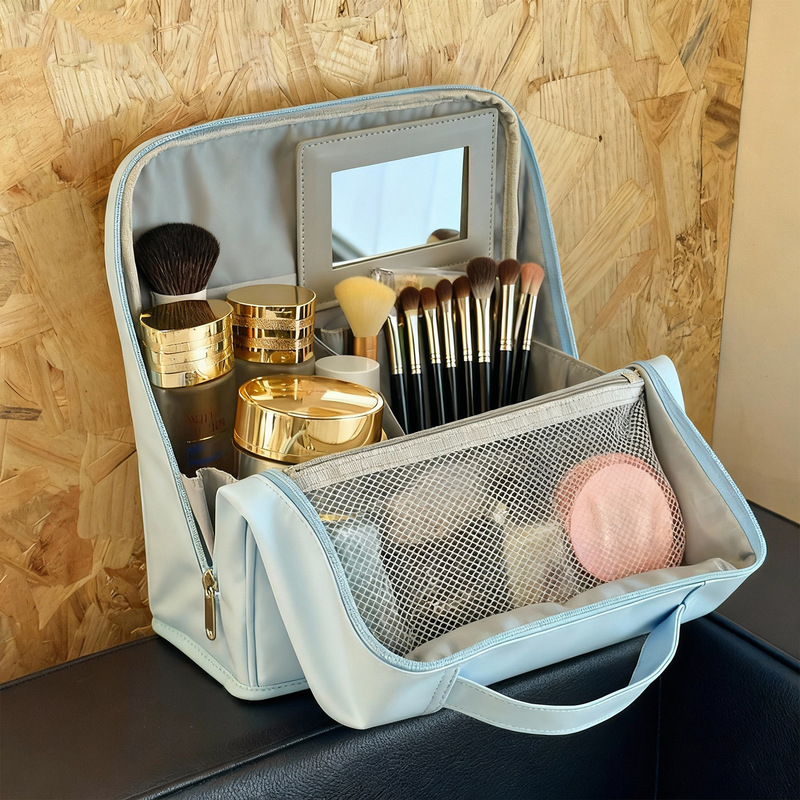 Cosmetic Bag, Large-Capacity, High-End Cosmetic Case, Portable Outing Partition Pencil Case, Vertical Storage Bag with Mirror