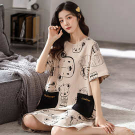 夏季韩版都市纯棉短袖睡裙丽人可爱甜美睡衣女士薄款可外穿家居服