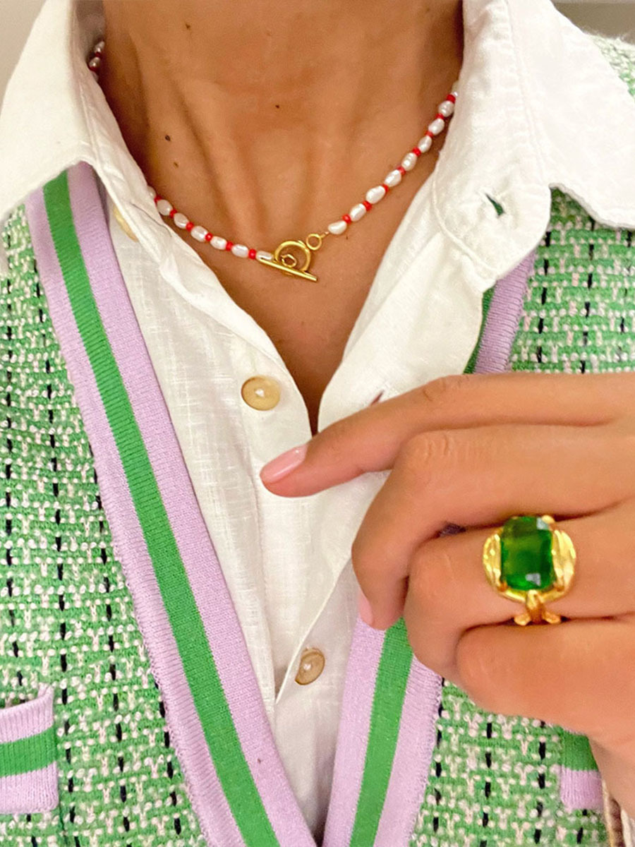 Fashion Round natural stone Pearl Titanium Steel Beaded Necklace 1 Piece