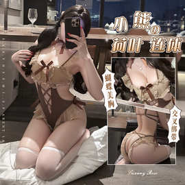 调情情趣内衣性感复古蝴蝶结绑带镂空荷叶边连体露背纯欲风套装女