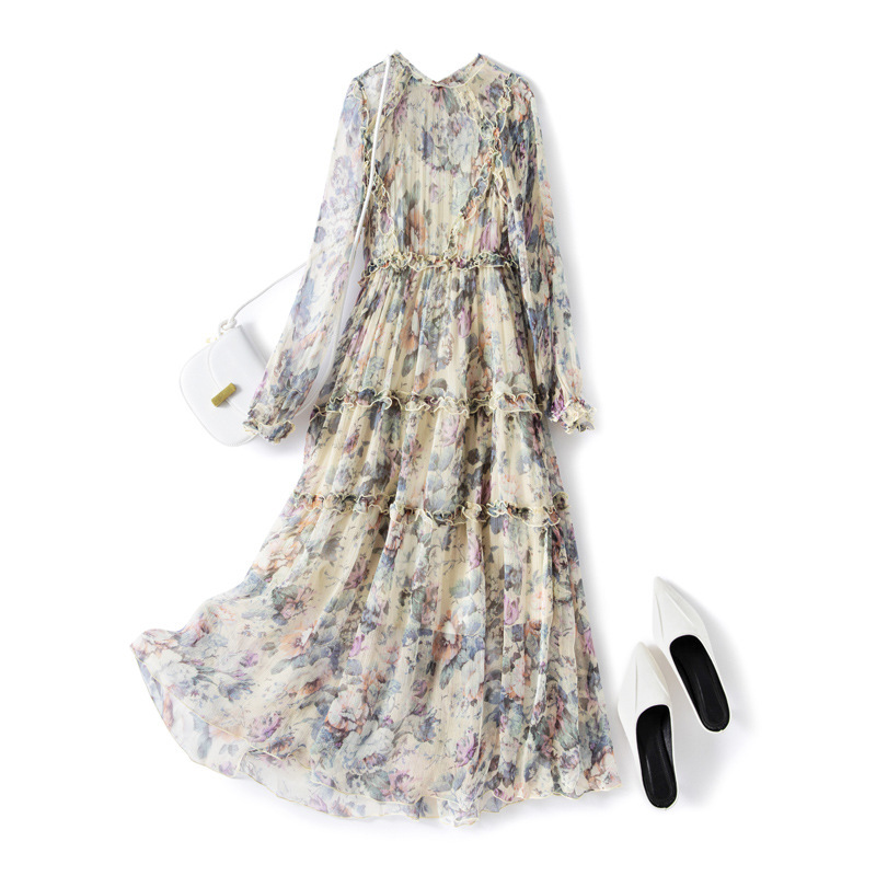 Floral Long Sleeve Silk Dress