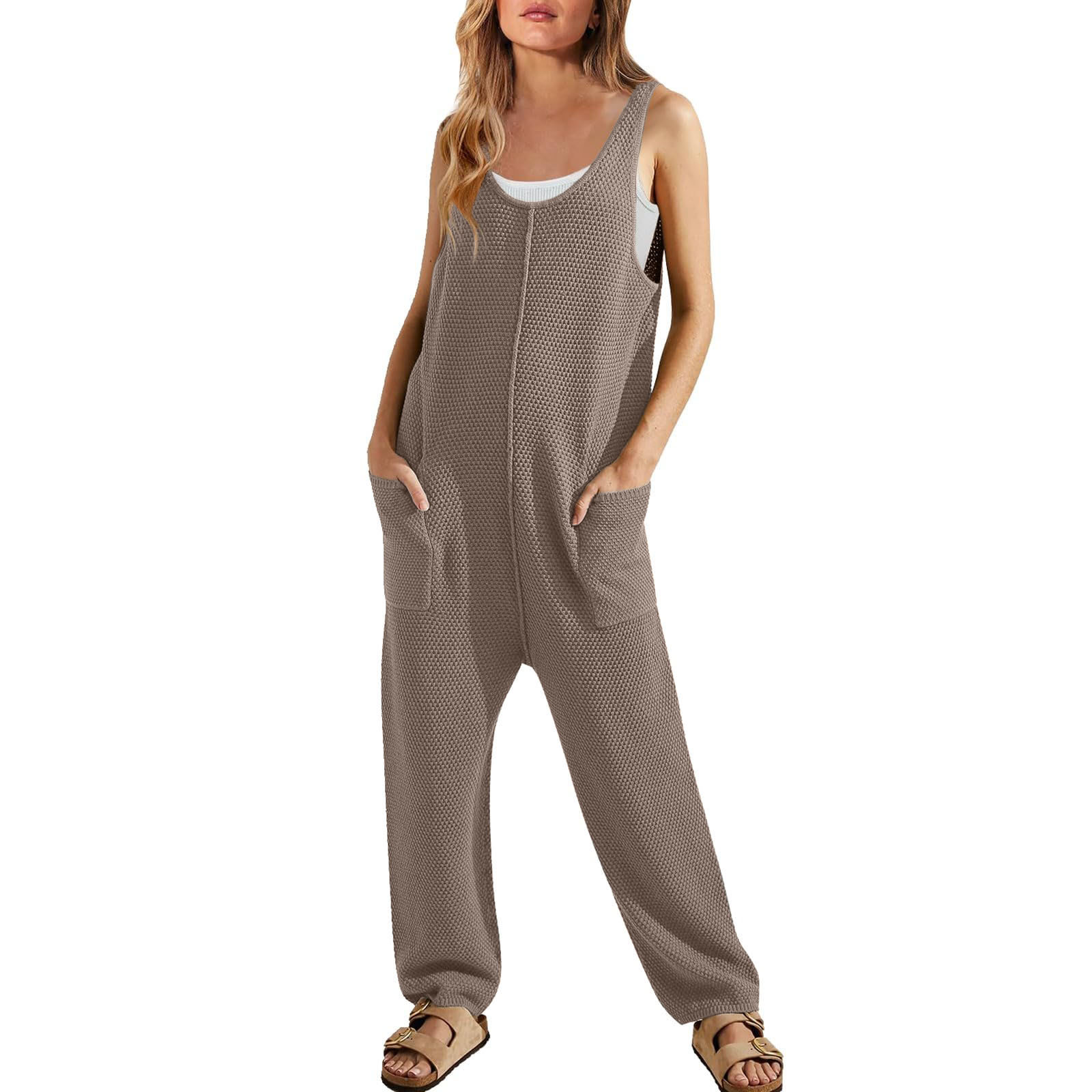 Primavera/Verano 2020 nuevo mono suelto casual de mujer sin mangas con cuello en U pantalones de una pieza Doble Bolsillo