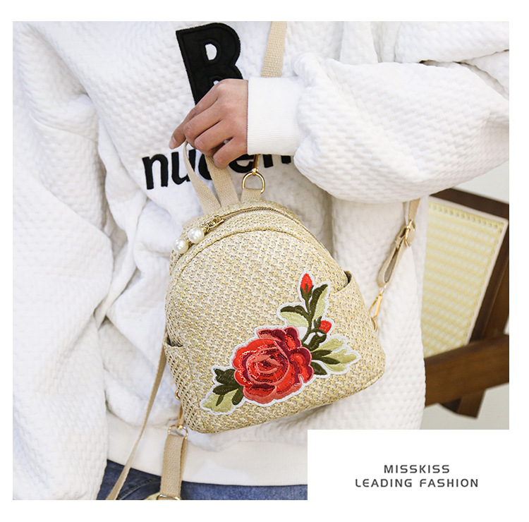 Fashion Seaside Holiday Embroidered Floral Straw Backpack display picture 8