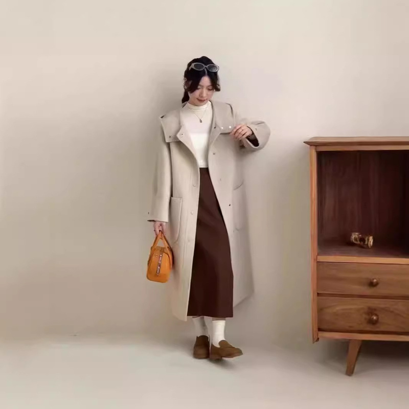 New Hooded Double-sided Wool Coat Women's Autumn and Winter High-grade Loose Large Pocket Thickened Soft Cashmere Long Coat