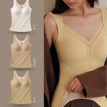 蕾丝V领背心带胸垫一体秋冬保暖上衣女双面发热磨毛热能润肤暖衣