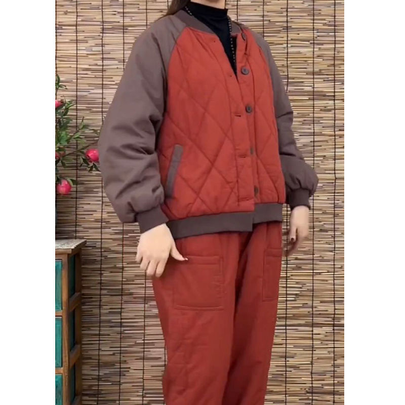 冬季复古棉服套装文艺休闲夹克拼色宽松洋气保暖棉袄大码女装外套