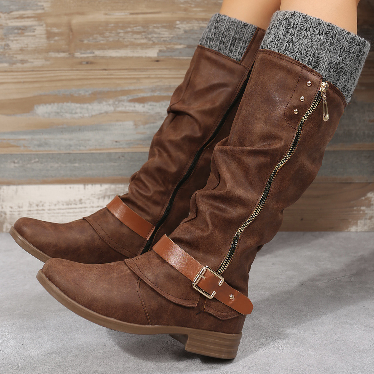 New chunky heel side zip stitching boots for women_voghion.com