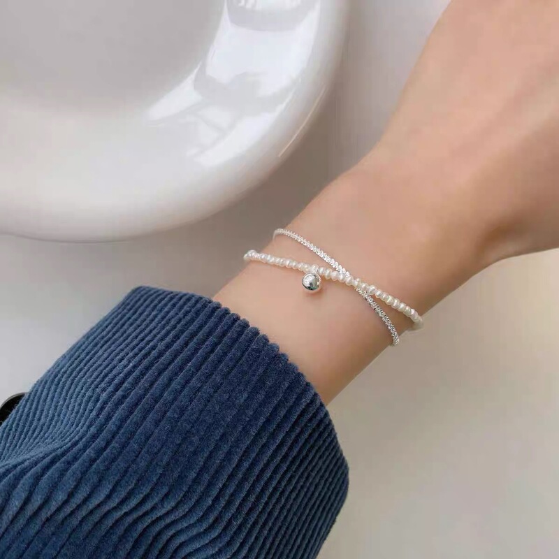 Pearl Silver Ball double-layer bracelet for women ins style design Korean style simple personality light luxury fashion all-match bracelet