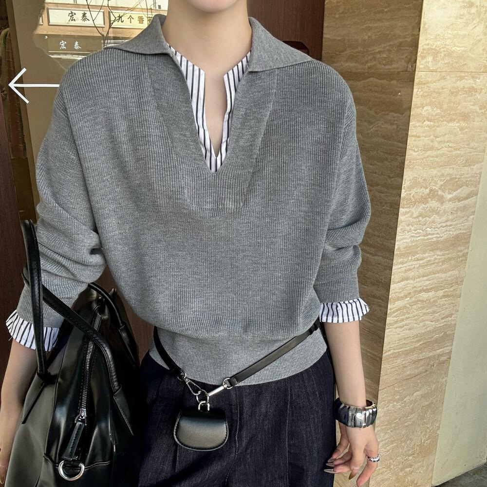 韩系假两件撞色衬衫拼接针织衫女秋季百搭显瘦设计感气质复古毛衣