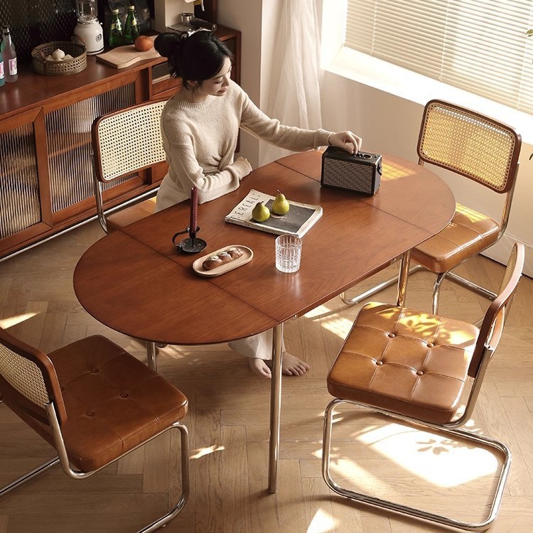 Fanxi Solid Wood Folding Dining Table Oval Medieval Folding Dining Table and Chair Combination Home Small Apartment Retro Retractable Table