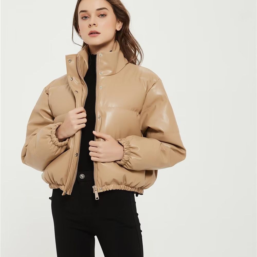 Women's Clothing Fashionable PU Faux Leather Jacket With Cotton Filling, Stand Collar, Minimalist Urban Casual Coat For Winter (Khaki/Black/Brown)_ecoleips.com